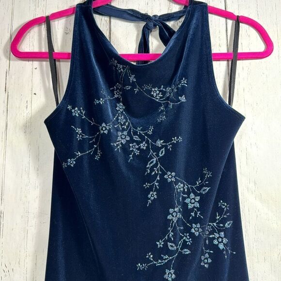 90s Navy Blue Velvet Floral Maxi Dress Y2K Glam Eveningwear Soft Goth - Picture 6 of 15